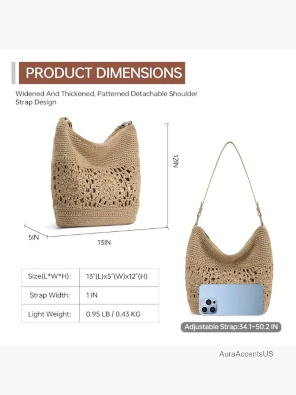 Crochet Hobo Bag Woven Boho Shoulder Purse Leather Strap